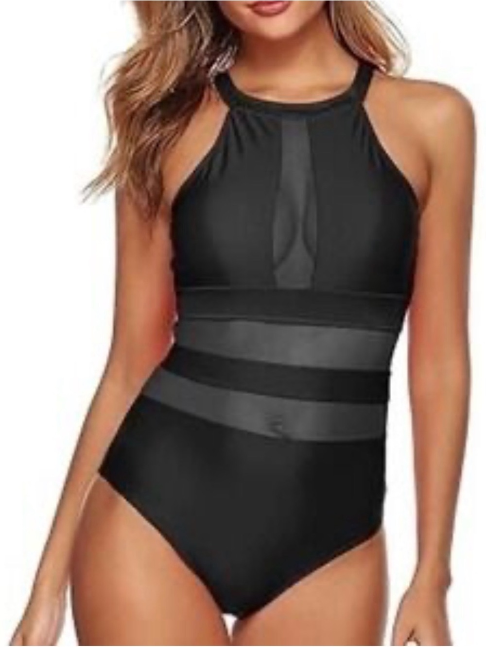 La Blanca Black High-Neck One-Piece Swimsuit with Sheer Panels